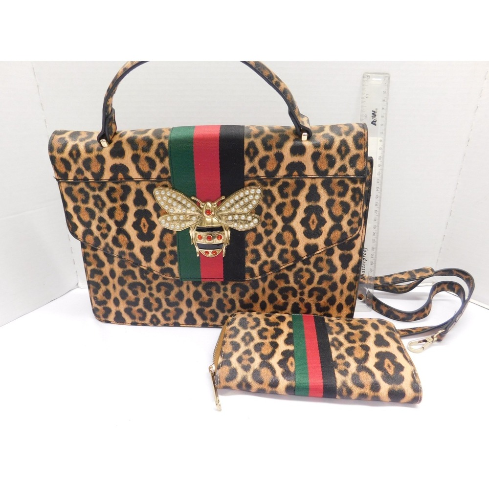 Womens Fashion Queen Bee 2 in 1 Leopard Tan Satchel With Wallet